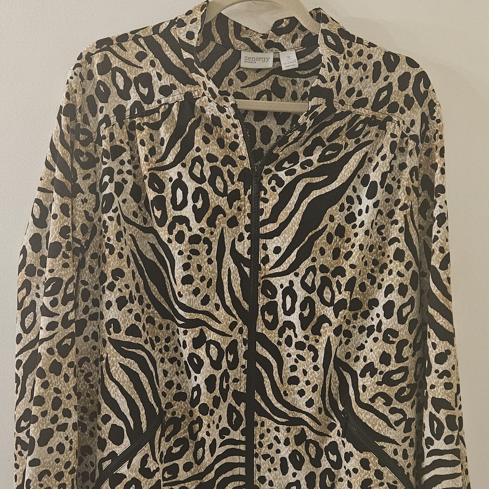 Chico's Black and Tan Bomber Jacket with Animal Print